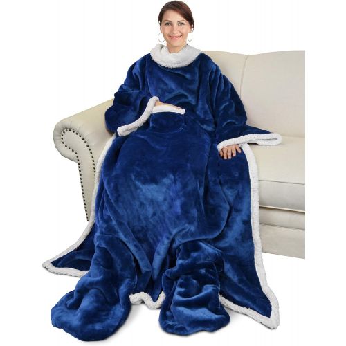  [아마존핫딜][아마존 핫딜] Catalonia Sherpa Wearable Blanket with Sleeves & Foot Pockets for Adult Women Men,Comfy Snuggle Wrap Sleeved Throw Blanket Robe,Gift Idea,Blue