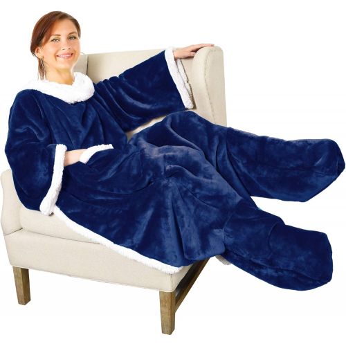  [아마존핫딜][아마존 핫딜] Catalonia Sherpa Wearable Blanket with Sleeves & Foot Pockets for Adult Women Men,Comfy Snuggle Wrap Sleeved Throw Blanket Robe,Gift Idea,Blue