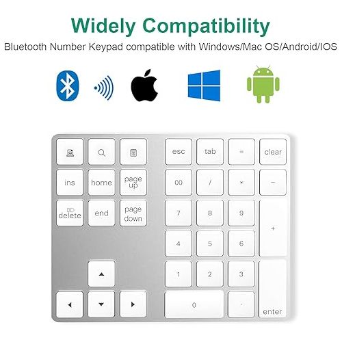  Bluetooth Numeric Keypad with Multiple Shortcuts 34-Keys Number Pad Wireless Portable Slim Number Pad for iPad/Mac/Laptop/PC Compatible with Windows Android iOS System