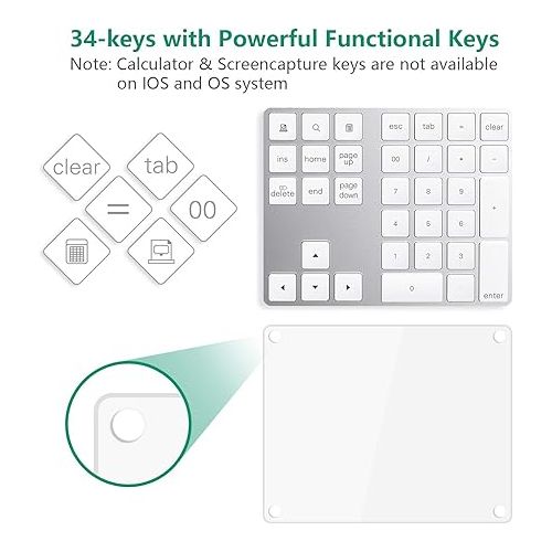  Bluetooth Numeric Keypad with Multiple Shortcuts 34-Keys Number Pad Wireless Portable Slim Number Pad for iPad/Mac/Laptop/PC Compatible with Windows Android iOS System