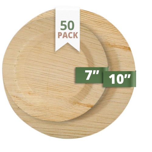  CaterEco Deluxe Round Palm Leaf Plates Set (50 Pack) | (25) Dinner Plates & (25) Salad Plates | Ecofriendly Disposable Dinnerware | Heavy Duty Biodegradable Party Utensils for Wedd