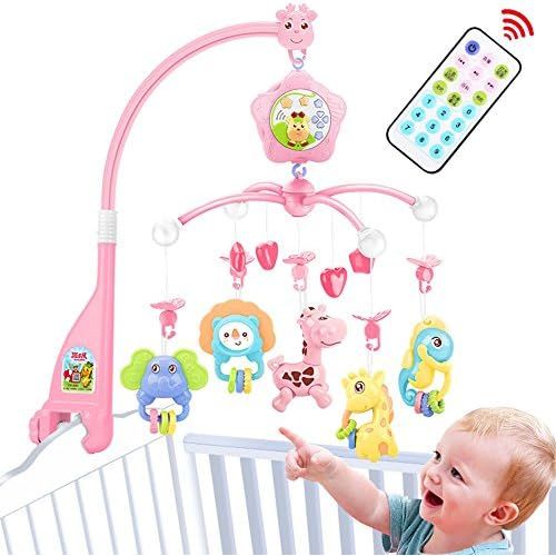  Caterbee Baby Crib Mobile for Pack and Play, Crib Toys with Lights and Music, Remote,Projector for Girl, Stroller Accessories. Material: ABS+Plastic(Pink-Forest)