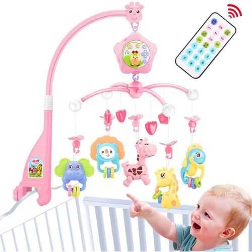  Caterbee Baby Crib Mobile for Pack and Play, Crib Toys with Lights and Music, Remote,Projector for Girl, Stroller Accessories. Material: ABS+Plastic(Pink-Forest)