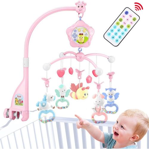  caterbee Baby Mobile for Crib with Music, Crib Mobile for Girls with Lights and Musical, Remote and Toys for Pack and Play,Stroller Accessories. Material:ABS+Plastic (Pink-Bee)