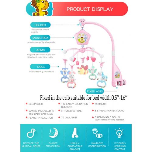  caterbee Baby Mobile for Crib with Music, Crib Mobile for Girls with Lights and Musical, Remote and Toys for Pack and Play,Stroller Accessories. Material:ABS+Plastic (Pink-Bee)