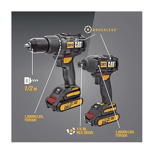  Cat® 18V 1 FOR ALL Cordless Hammer Drill & Impact Driver Combo Kit with 2 Batteries -DX12K, Black