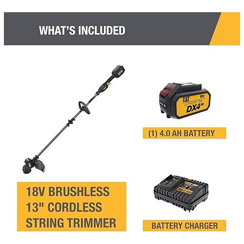  Cat DG210 18V Brushless 13” String Trimmer Cordless with Dual Line Bump Feed, Edger with Anti-Vibration Design, Easy Storage Weed Trimmer - Battery & Charger Included