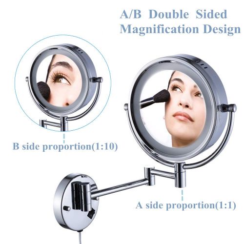  Cavoli Wall Mounted Makeup Mirror with LED Lighted 10x Magnification,8.5 Inches,Bathroom and Hotel, Chrome Finish,Made of Brass