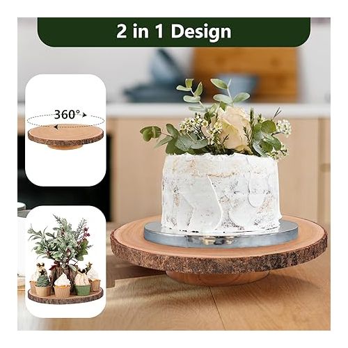  Caydo 11-12 Inch Wooden Cake Stand, Rotatable Natural Round Wood Slice Cake Stand for Wedding Table Centerpiece Decoration, Woodland Parties, Housewarming, Family Gathering