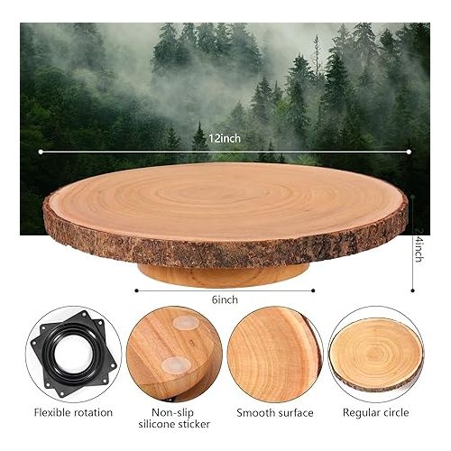  Caydo 11-12 Inch Wooden Cake Stand, Rotatable Natural Round Wood Slice Cake Stand for Wedding Table Centerpiece Decoration, Woodland Parties, Housewarming, Family Gathering