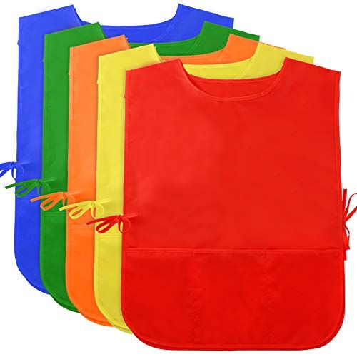  [아마존베스트]Caydo Pack of 5 Kids Art Smocks, Children Reusable Water Resistant Artist Painting Aprons with 3 Roomy Pockets for Classroom, Community Event, Art Painting Activity-Safe Clean