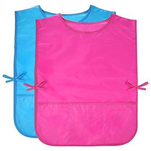  [아마존베스트]Caydo 2 Pieces Water Resistant Childrens Art Smocks with 3 Roomy Pockets, Middle Size Painting Apron for Kids 5-10 Years (Pink and Blue)