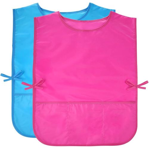  [아마존베스트]Caydo 2 Pieces Water Resistant Childrens Art Smocks with 3 Roomy Pockets, Middle Size Painting Apron for Kids 5-10 Years (Pink and Blue)