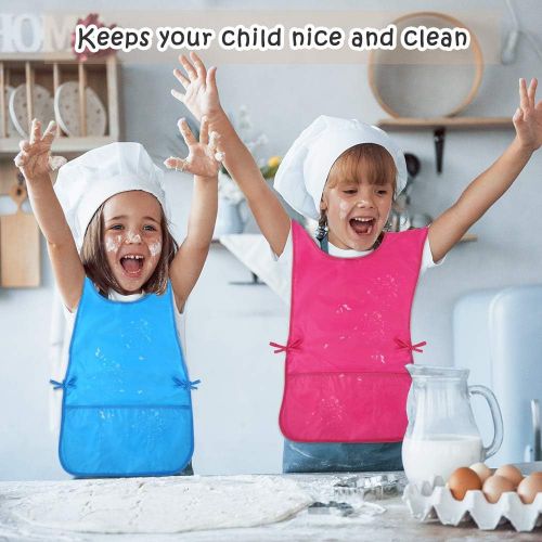  [아마존베스트]Caydo 2 Pieces Water Resistant Childrens Art Smocks with 3 Roomy Pockets, Middle Size Painting Apron for Kids 5-10 Years (Pink and Blue)