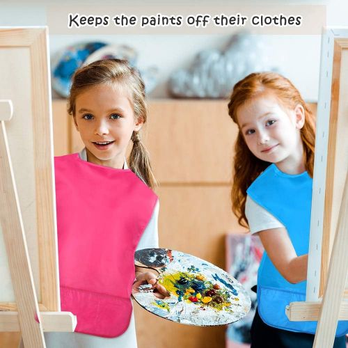  [아마존베스트]Caydo 2 Pieces Water Resistant Childrens Art Smocks with 3 Roomy Pockets, Middle Size Painting Apron for Kids 5-10 Years (Pink and Blue)