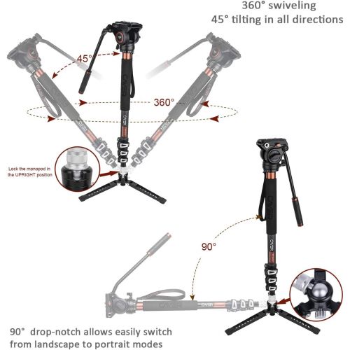  [아마존베스트]Cayer CF34 Carbon Fiber Camer Monopod Kit, 71 inch Professional Telescopic Video Monopods with Video Fluid Head and Folding Support Base for DSLR Video Cameras Camcorders, Plus 1 E