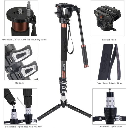  [아마존베스트]Cayer CF34 Carbon Fiber Camer Monopod Kit, 71 inch Professional Telescopic Video Monopods with Video Fluid Head and Folding Support Base for DSLR Video Cameras Camcorders, Plus 1 E