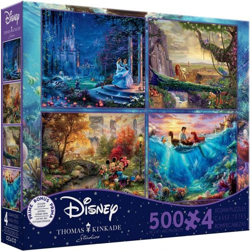  Ceaco (4) 500 Piece Thomas Kinkade - Disney Dreams 4 in 1 Multipack Jigsaw Puzzle Set, Cinderella, The Lion King, Mickey and Minnie, The Little Mermaid, Blue