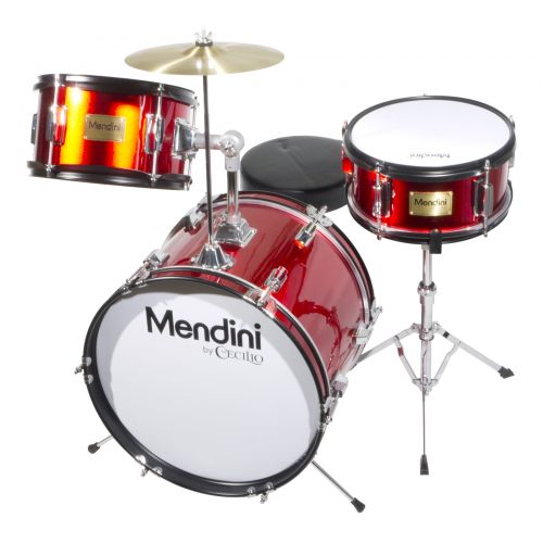  Mendini by Cecilio 16 3-Piece Kids  Junior Drum Set with Adjustable Throne, Cymbal, Pedal & Drumsticks, Metallic Red, MJDS-3-BR