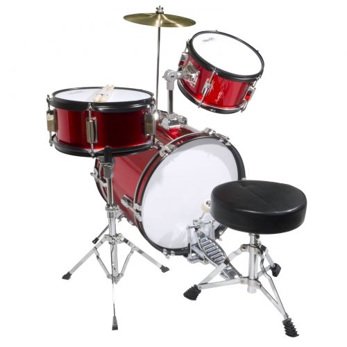  Mendini by Cecilio 16 3-Piece Kids  Junior Drum Set with Adjustable Throne, Cymbal, Pedal & Drumsticks, Metallic Red, MJDS-3-BR