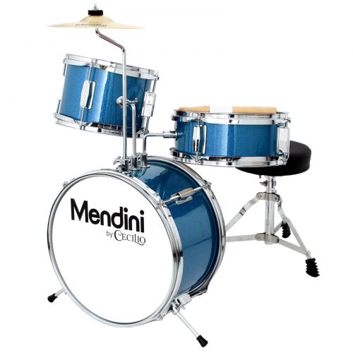  Mendini by Cecilio 13 Inch 3-Piece Kids  Junior Drum Set with Adjustable Throne, Cymbal, Pedal & Drumsticks, Metallic Blue, MJDS-1-BL