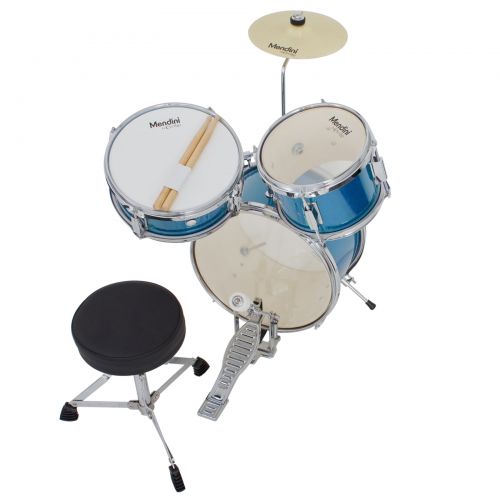  Mendini by Cecilio 13 Inch 3-Piece Kids  Junior Drum Set with Adjustable Throne, Cymbal, Pedal & Drumsticks, Metallic Blue, MJDS-1-BL