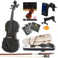 Mendini by Cecilio Mendini Full Size 44 MV-Black Solid Wood Violin wTuner, Lesson Book, Shoulder Rest, Extra Strings, Bow, 2 Bridges & Case, Metallic Black