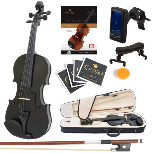  Mendini by Cecilio Mendini Full Size 44 MV-Black Solid Wood Violin wTuner, Lesson Book, Shoulder Rest, Extra Strings, Bow, 2 Bridges & Case, Metallic Black