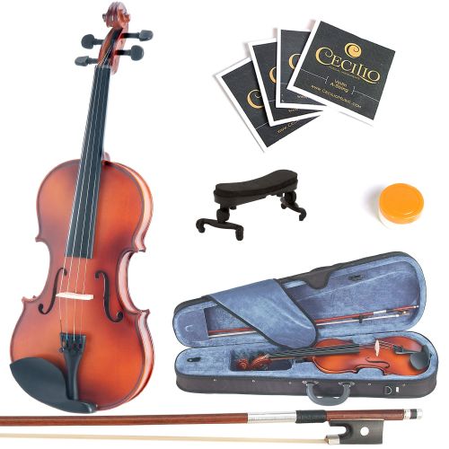  Mendini by Cecilio Full Size 44 MV300 Handcrafted Solid Wood Violin Pack with 1 Year Warranty, Shoulder Rest, Bow, Rosin, Extra Set Strings, 2 Bridges & Case, Satin Antique Finish