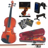 Mendini by Cecilio Mendini Full Size 44 MV200 Solid Wood Violin wTuner, Lesson Book, Shoulder Rest, Extra Strings, Bow, 2 Bridges & Case, Natural Varnish