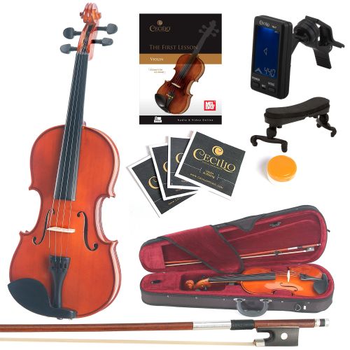  Mendini by Cecilio Mendini Full Size 44 MV200 Solid Wood Violin wTuner, Lesson Book, Shoulder Rest, Extra Strings, Bow, 2 Bridges & Case, Natural Varnish