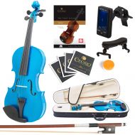Mendini by Cecilio Mendini Full Size 44 MV-Blue Solid Wood Violin wTuner, Lesson Book, Shoulder Rest, Extra Strings, Bow, 2 Bridges & Case, Metallic Blue