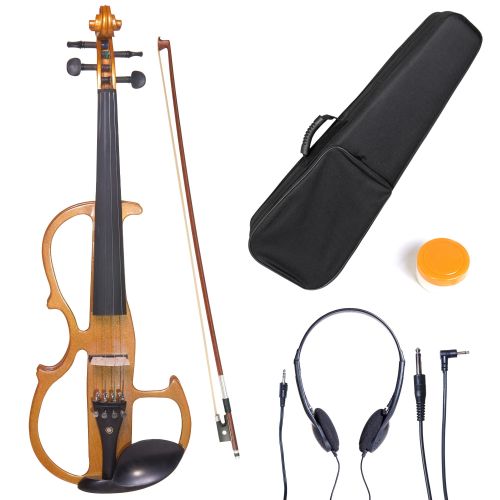  Cecilio Full Size Left-Handed Solid Wood Electric Silent Violin with Ebony Fittings-L44CEVN-L2Y Metallic Yellow Maple