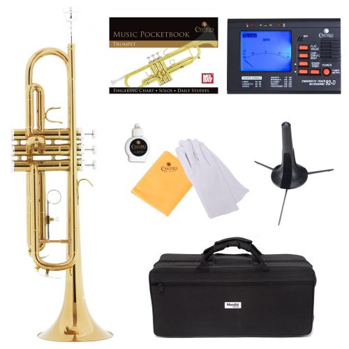  Mendini by Cecilio Bb Trumpet wTuner, Stand, Pocketbook, Deluxe Case and 1 Year Warranty, Gold Lacquer MTT-L+SD+PB+92D