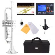 Mendini by Cecilio Bb Trumpet wTuner, Stand, Pocketbook, Deluxe Case and 1 Year Warranty, Nickel Plated MTT-N+SD+PB+92D
