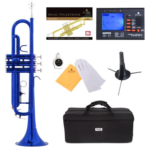  Mendini by Cecilio Bb Trumpet wTuner, Stand, Pocketbook, Deluxe Case and 1 Year Warranty, Blue Lacquer MTT-BL+SD+PB+92D