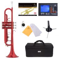 Mendini by Cecilio Bb Trumpet wTuner, Stand, Pocketbook, Deluxe Case and 1 Year Warranty, Red Lacquer MTT-RL+SD+PB+92D
