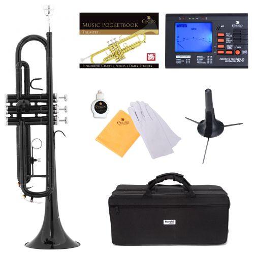  Mendini by Cecilio Bb Trumpet wTuner, Stand, Pocketbook, Deluxe Case and 1 Year Warranty, Black Lacquer MTT-BK+SD+PB+92D