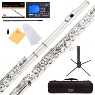 Mendini by Cecilio MFE-N Nickel Silver C Flute with Stand, Tuner, 1 Year Warranty, Case, Cleaning Rod, Cloth, Joint Grease, and Gloves