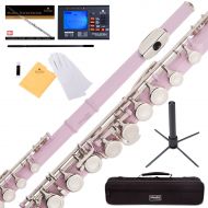 Mendini by Cecilio MFE-PK Pink Lacquer C Flute with Stand, Tuner, 1 Year Warranty, Case, Cleaning Rod, Cloth, Joint Grease, and Gloves