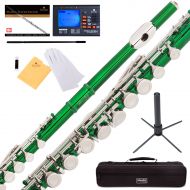Mendini by Cecilio MFE-GN Green Lacquer C Flute with Stand, Tuner, 1 Year Warranty, Case, Cleaning Rod, Cloth, Joint Grease, and Gloves