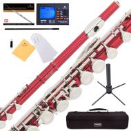 Mendini by Cecilio MFE-RD Red Lacquer C Flute with Stand, Tuner, 1 Year Warranty, Case, Cleaning Rod, Cloth, Joint Grease, and Gloves