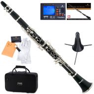 Mendini by Cecilio MCT-E Black Ebonite Bb Clarinet w1 Year Warranty, Stand, Tuner, 10 Reeds, Pocketbook, Mouthpiece, Case, B Flat