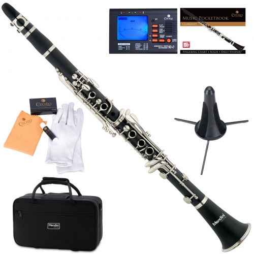  Mendini by Cecilio MCT-E Black Ebonite Bb Clarinet w1 Year Warranty, Stand, Tuner, 10 Reeds, Pocketbook, Mouthpiece, Case, B Flat