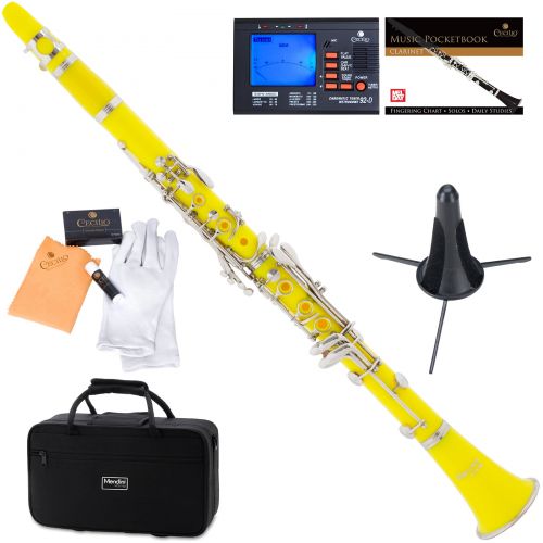  Mendini by Cecilio MCT-YL Yellow ABS Bb Clarinet w1 Year Warranty, Stand, Tuner, 10 Reeds, Pocketbook, Mouthpiece, Case, B Flat