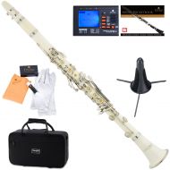 Mendini by Cecilio MCT-W White ABS Bb Clarinet w1 Year Warranty, Stand, Tuner, 10 Reeds, Pocketbook, Mouthpiece, Case, B Flat