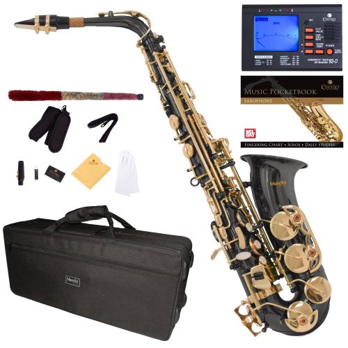  Mendini by Cecilio Mendini Black Nickel Plated Gold Keys Eb Alto Saxophone with Tuner, 10 Reeds, Pocketbook, Mouthpiece and Case, MAS-BNG