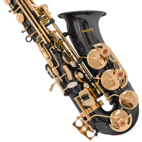  Mendini by Cecilio Mendini Black Nickel Plated Gold Keys Eb Alto Saxophone with Tuner, 10 Reeds, Pocketbook, Mouthpiece and Case, MAS-BNG