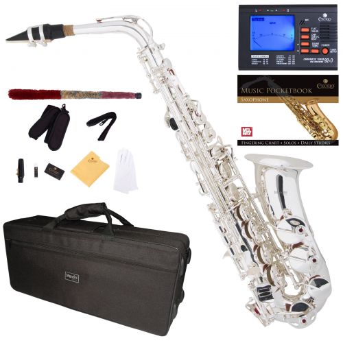  Mendini by Cecilio Mendini MAS-30S Advanced Silver Plated Eb Alto Saxophone with Tuner, 10 Reeds, Pocketbook, Mouthpiece and Case