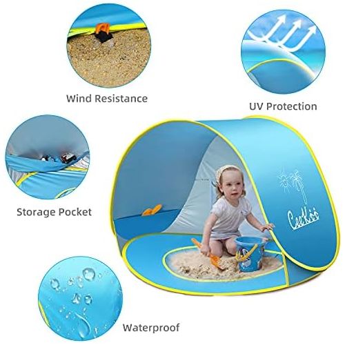  CeeKii Baby Beach Tent Pop Up Tent Portable Shade Tent UV Protection Sun Shelter with Mini Pool, Carry Bag and Detachable Shade for Toddler, Infant & Kids, 50+ UPF (Blue)